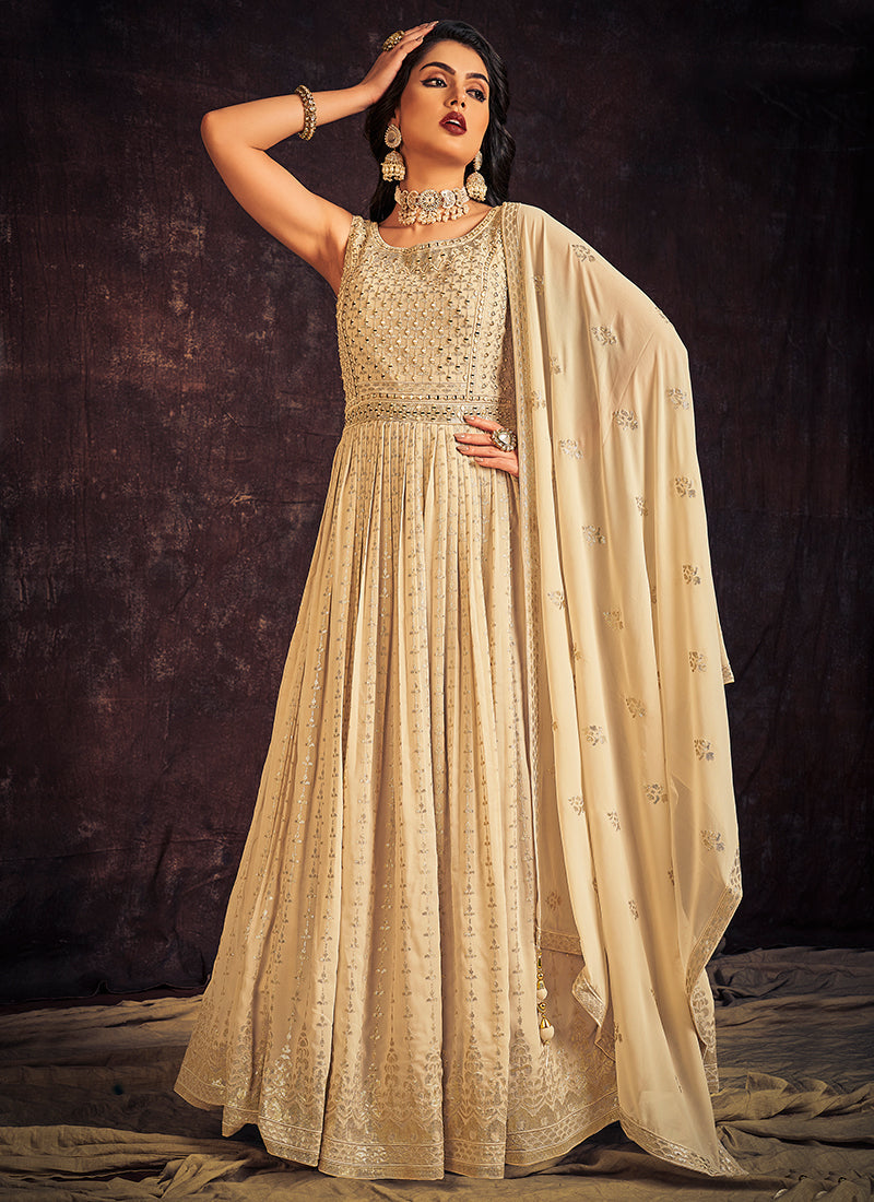 Off White Mirror Work Embroidery Anarkali Gown