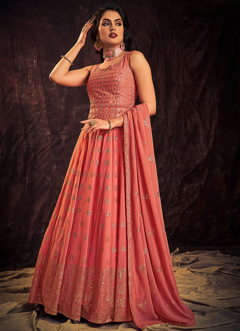 Peach Coral Mirror Work Embroidery Anarkali Gown