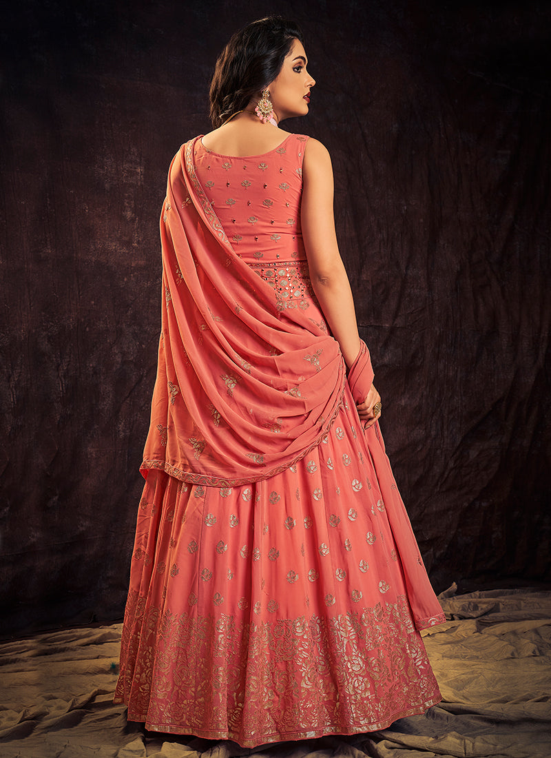 Peach Coral Mirror Work Embroidery Anarkali Gown