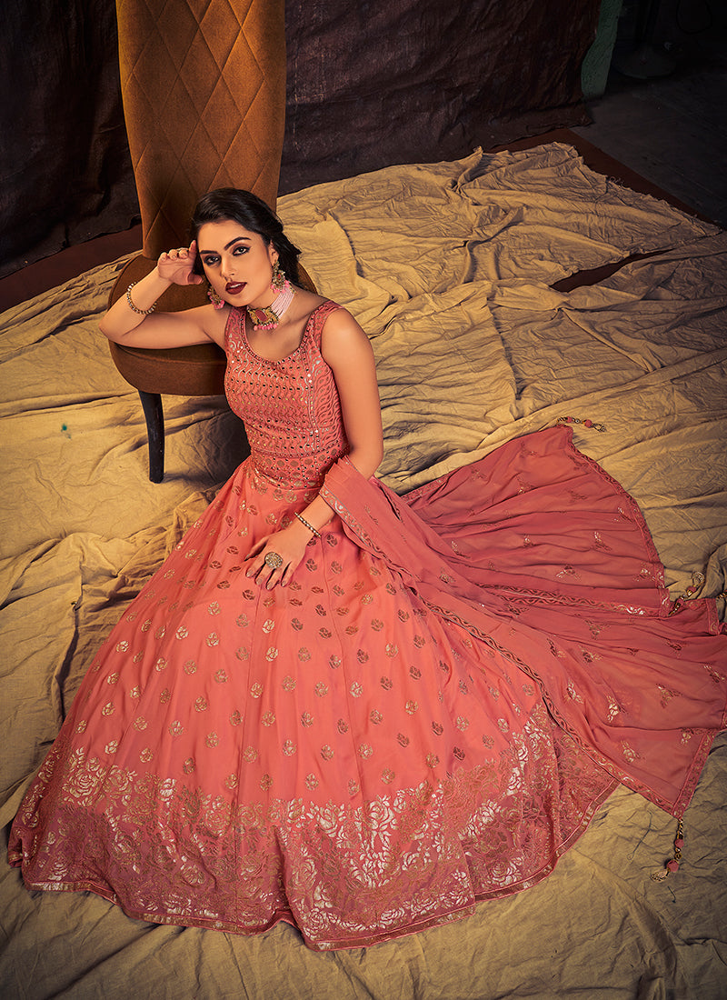 Peach Coral Mirror Work Embroidery Anarkali Gown