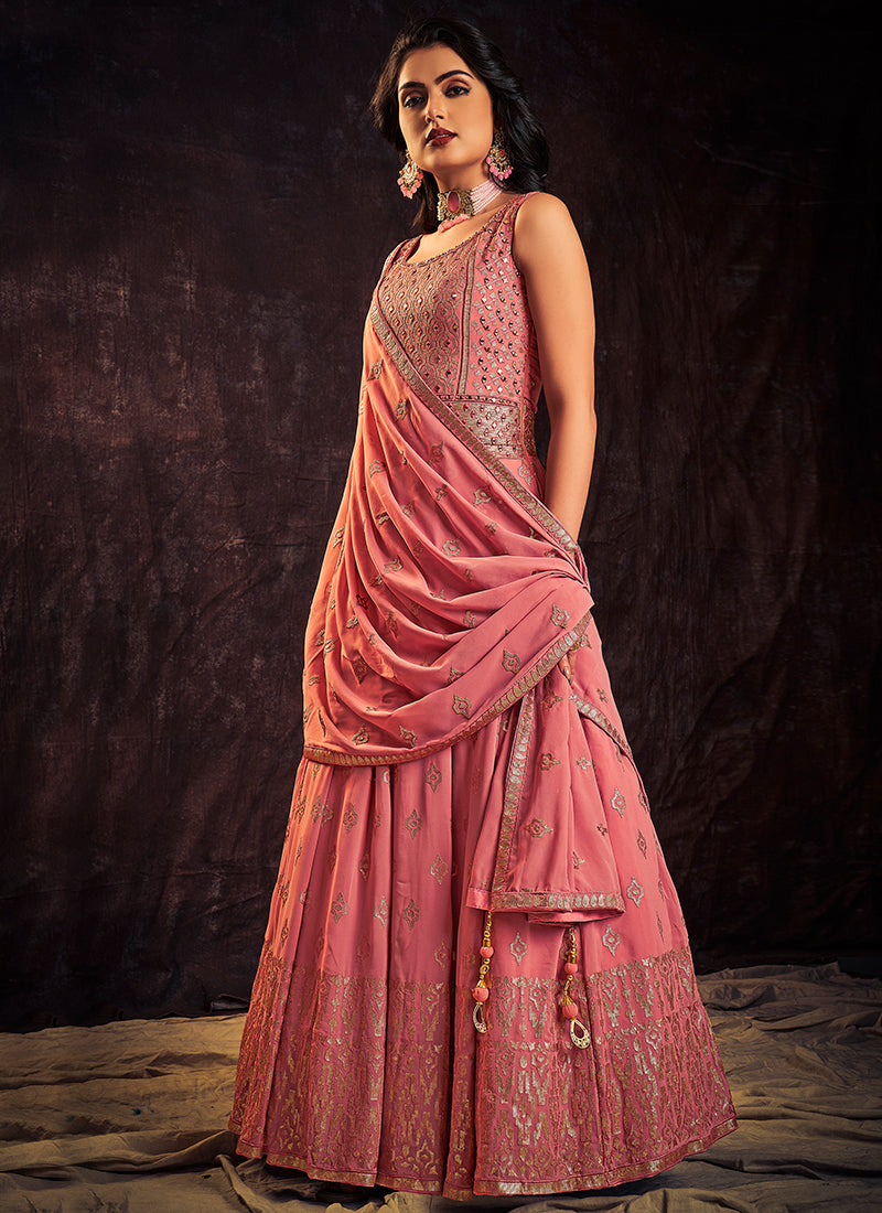 Rich Pink Mirror Work Embroidery Anarkali Gown