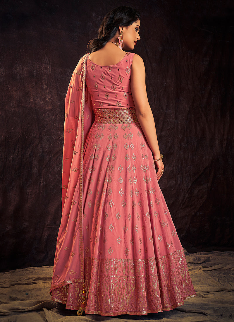 Rich Pink Mirror Work Embroidery Anarkali Gown