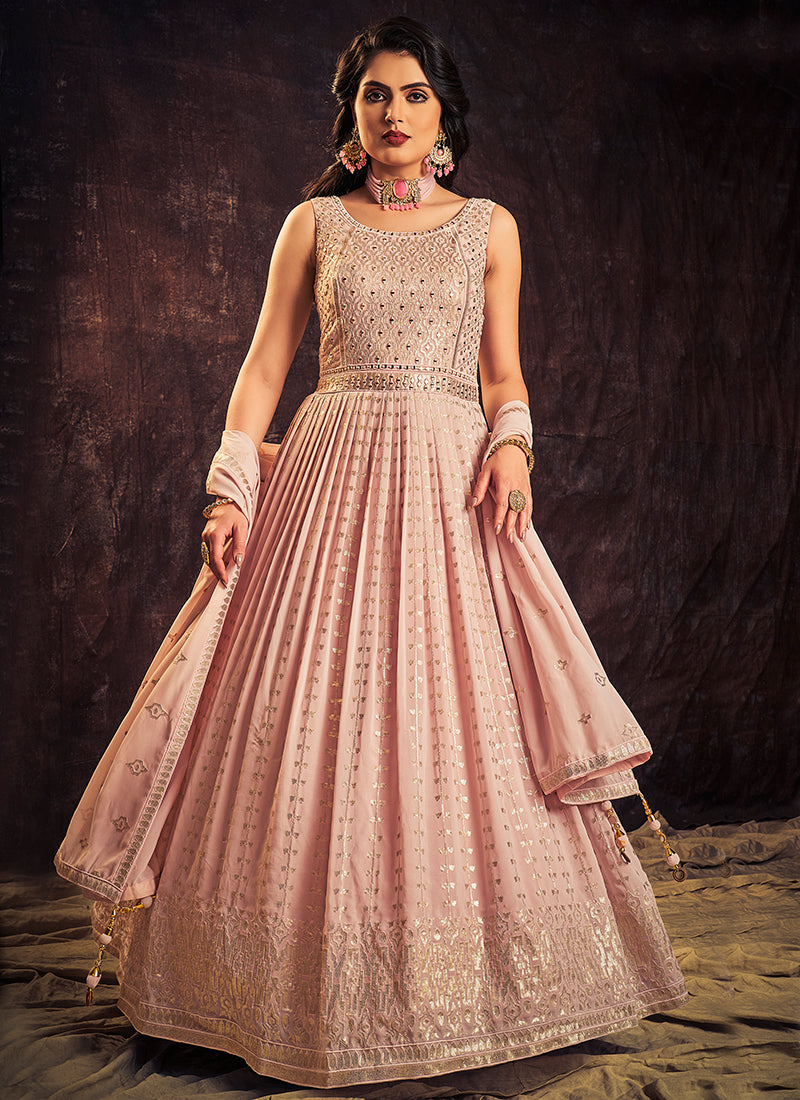 Light Pink Mirror Work Embroidery Anarkali Gown