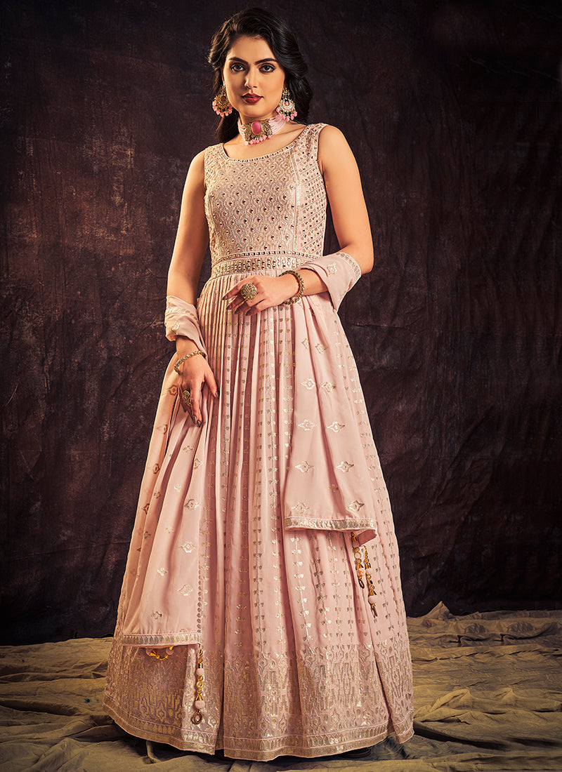 Light Pink Mirror Work Embroidery Anarkali Gown