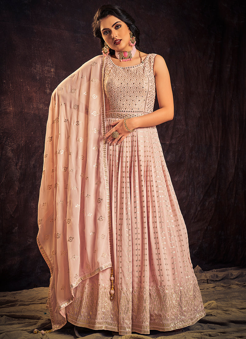 Light Pink Mirror Work Embroidery Anarkali Gown