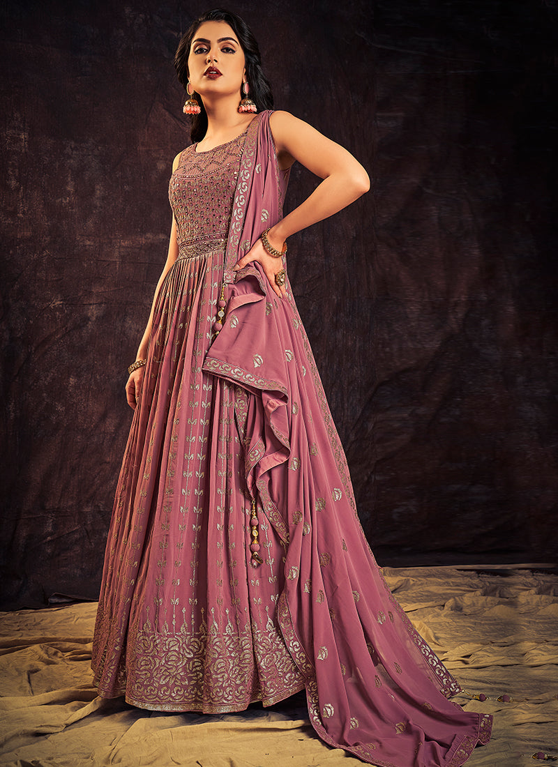 Mauve Purple Sequence And Mirror Work Embroidery Anarkali Gown