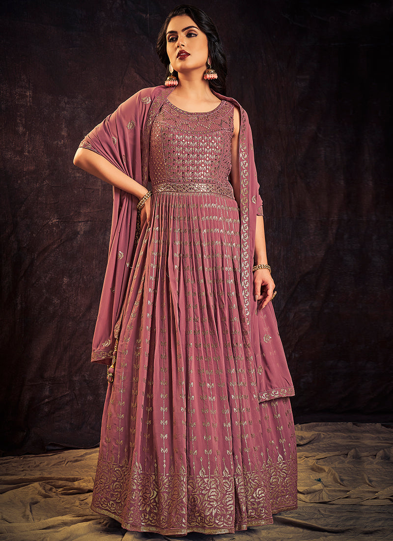 Mauve Purple Sequence And Mirror Work Embroidery Anarkali Gown