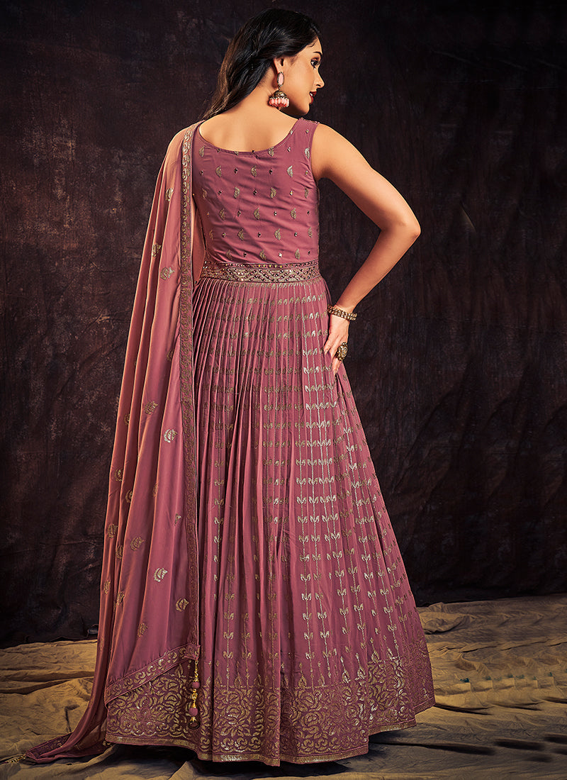 Mauve Purple Sequence And Mirror Work Embroidery Anarkali Gown