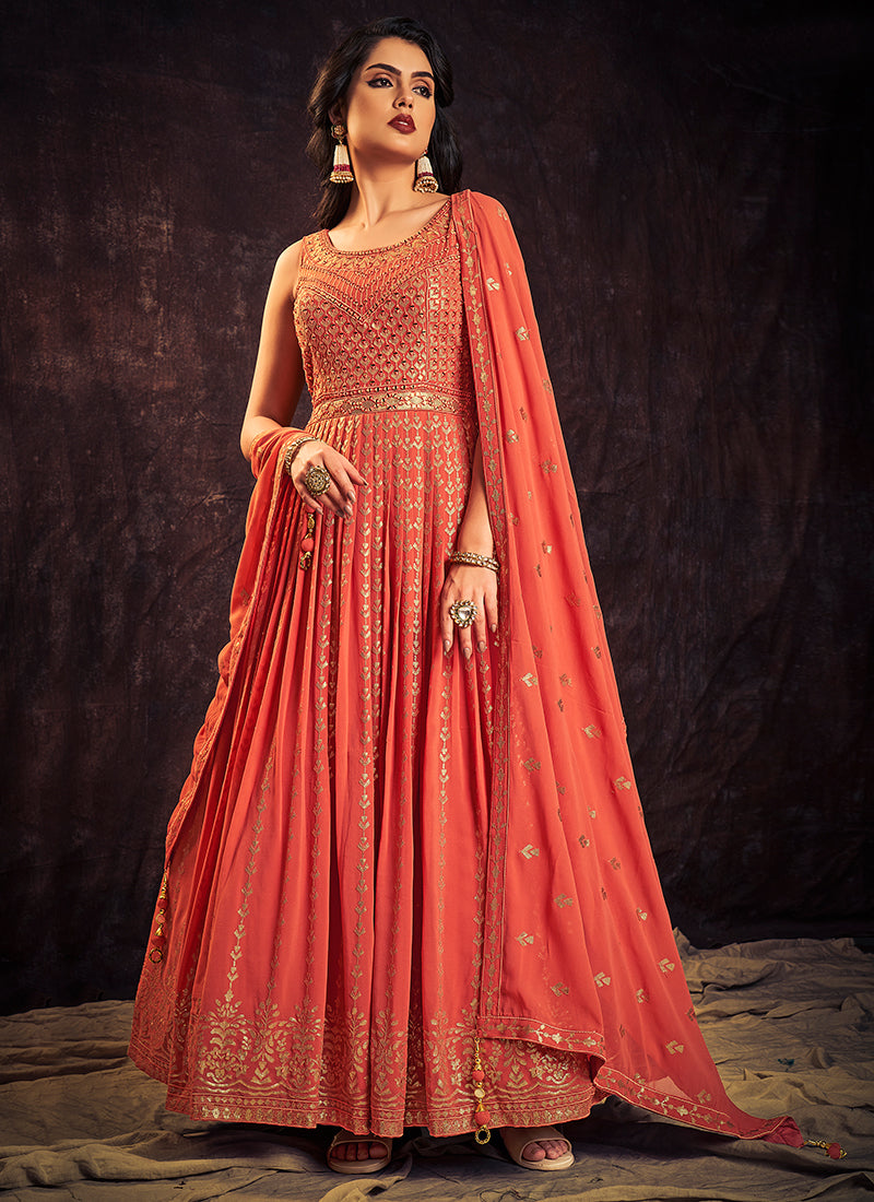 Orange Sequence And Mirror Work Embroidery Anarkali Gown