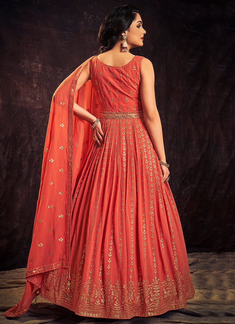 Orange Sequence And Mirror Work Embroidery Anarkali Gown