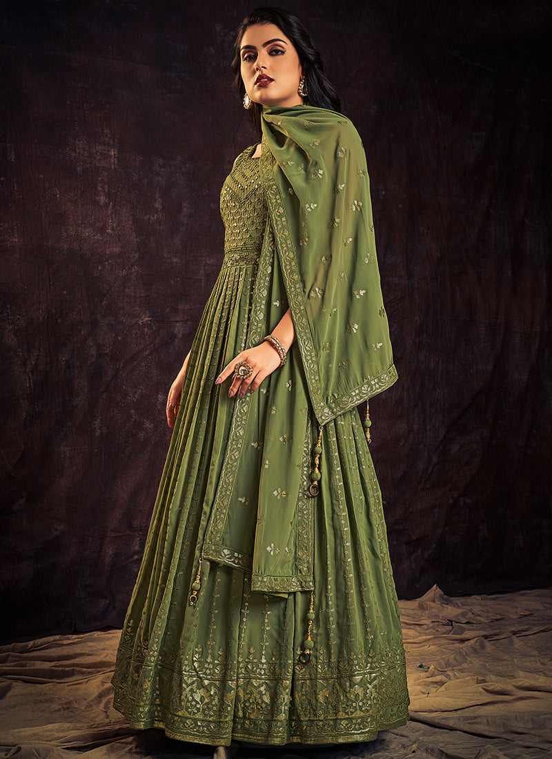 Green Sequence And Mirror Work Embroidery Anarkali Gown