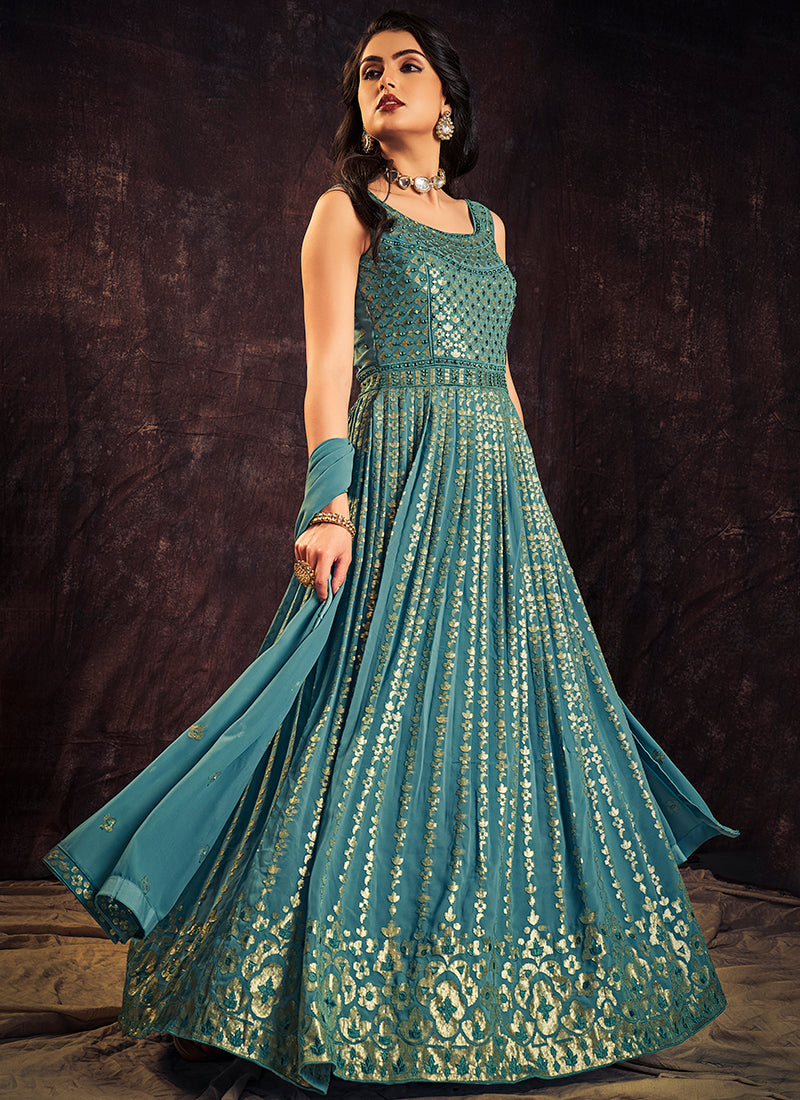 Turquoise Blue Sequence And Mirror Work Embroidery Anarkali Gown