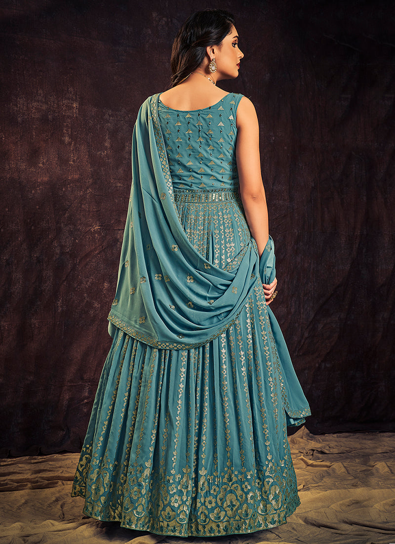 Turquoise Blue Sequence And Mirror Work Embroidery Anarkali Gown