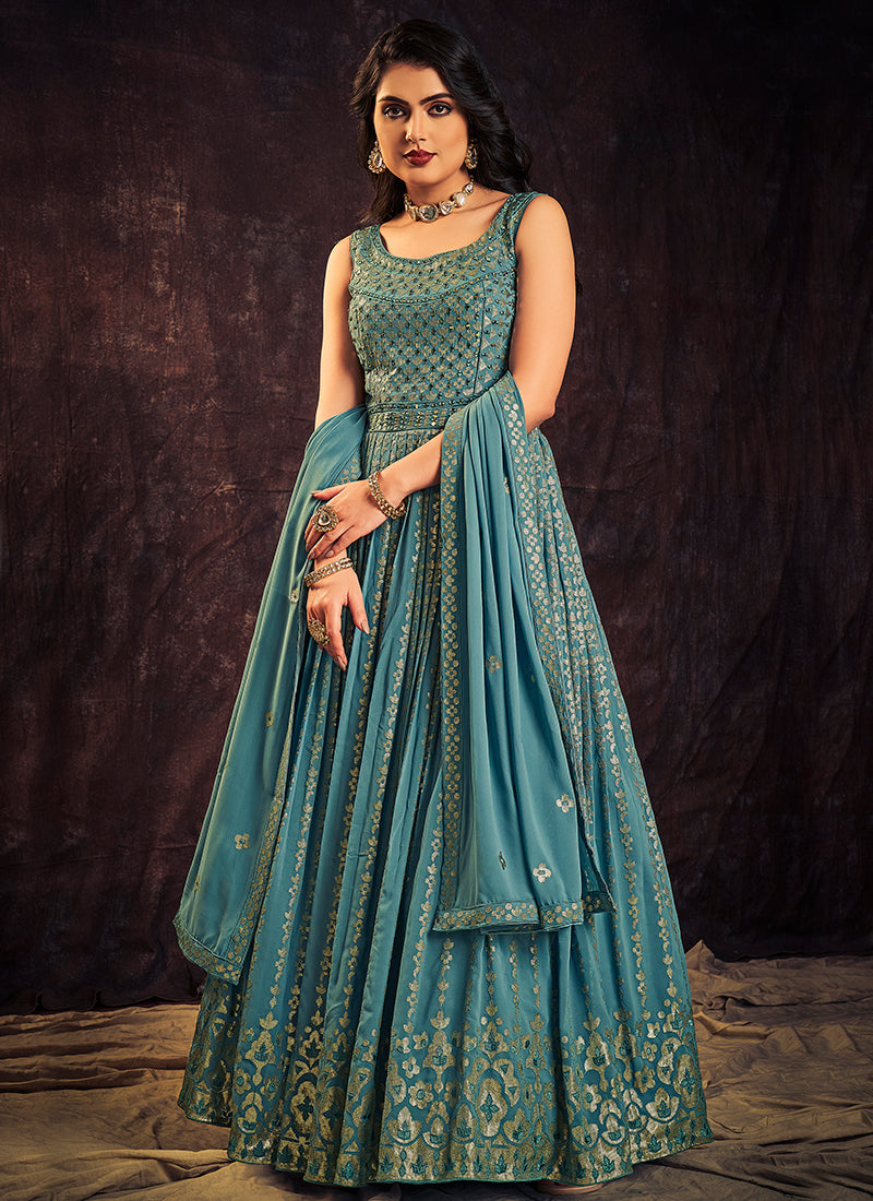 Turquoise Blue Sequence And Mirror Work Embroidery Anarkali Gown