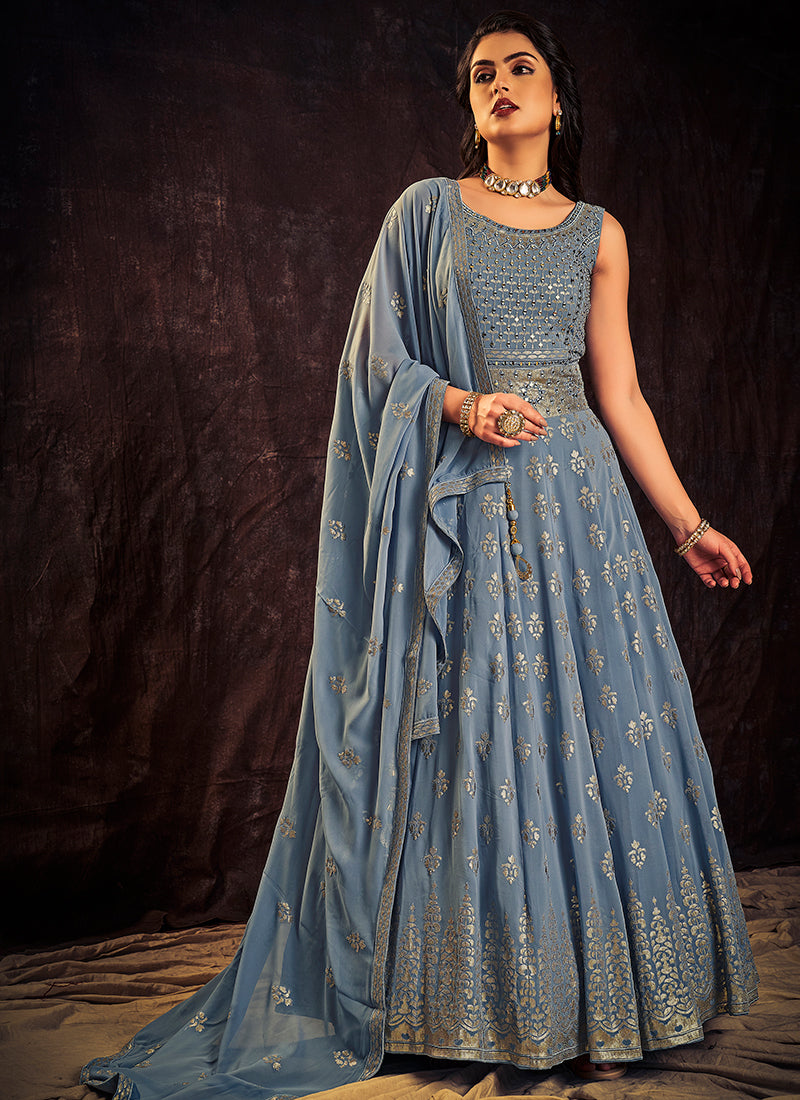 Sky Blue Sequence And Mirror Work Embroidery Anarkali Gown