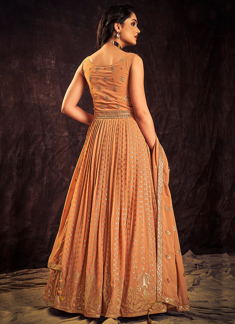 Pastel Orange Sequence And Mirror Work Embroidery Anarkali Gown