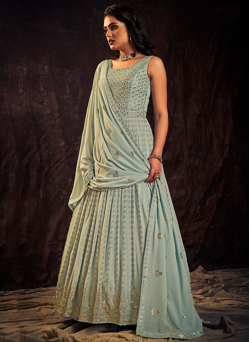 Light Blue Sequence And Mirror Work Embroidery Anarkali Gown