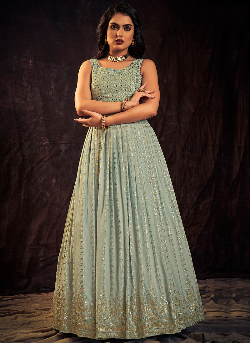 Light Blue Sequence And Mirror Work Embroidery Anarkali Gown