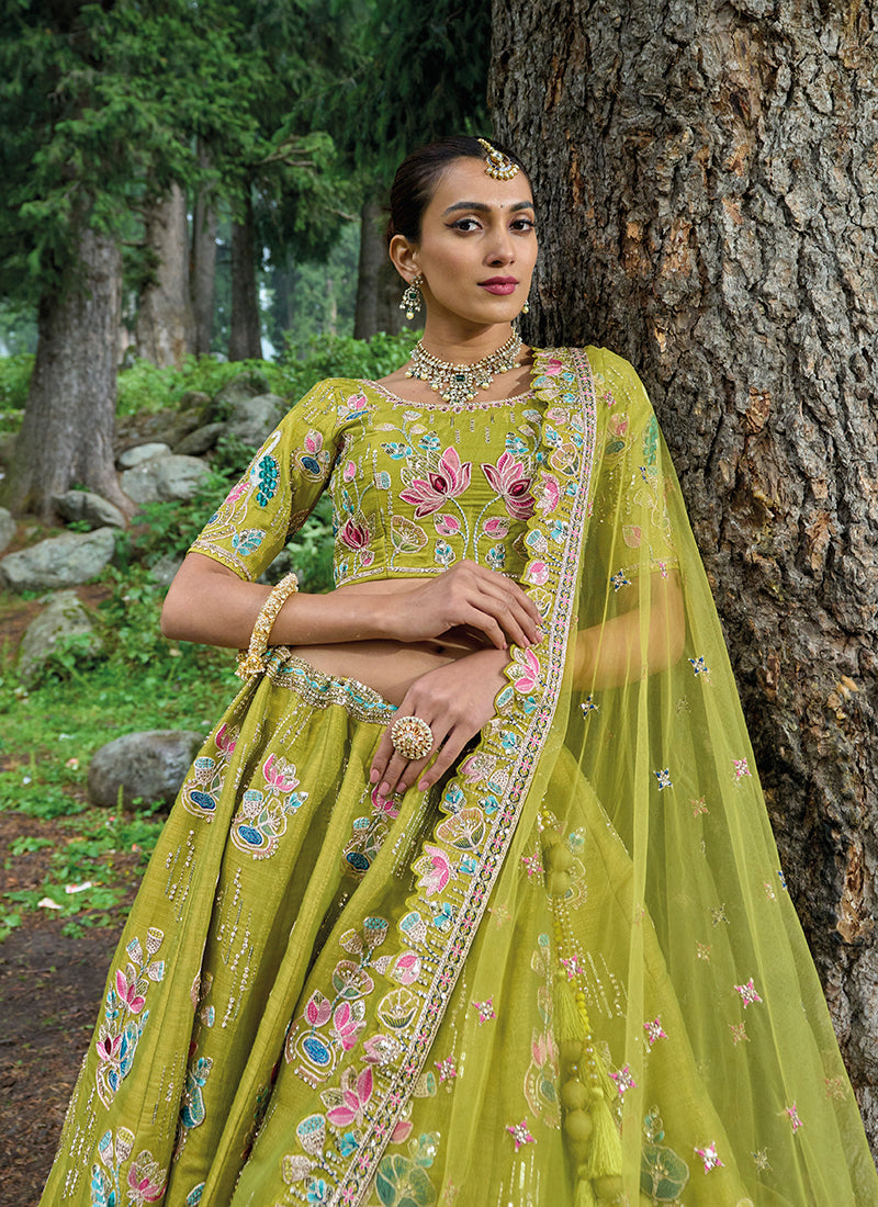 Lime Green Multi Embroidery Wedding Lehenga Choli