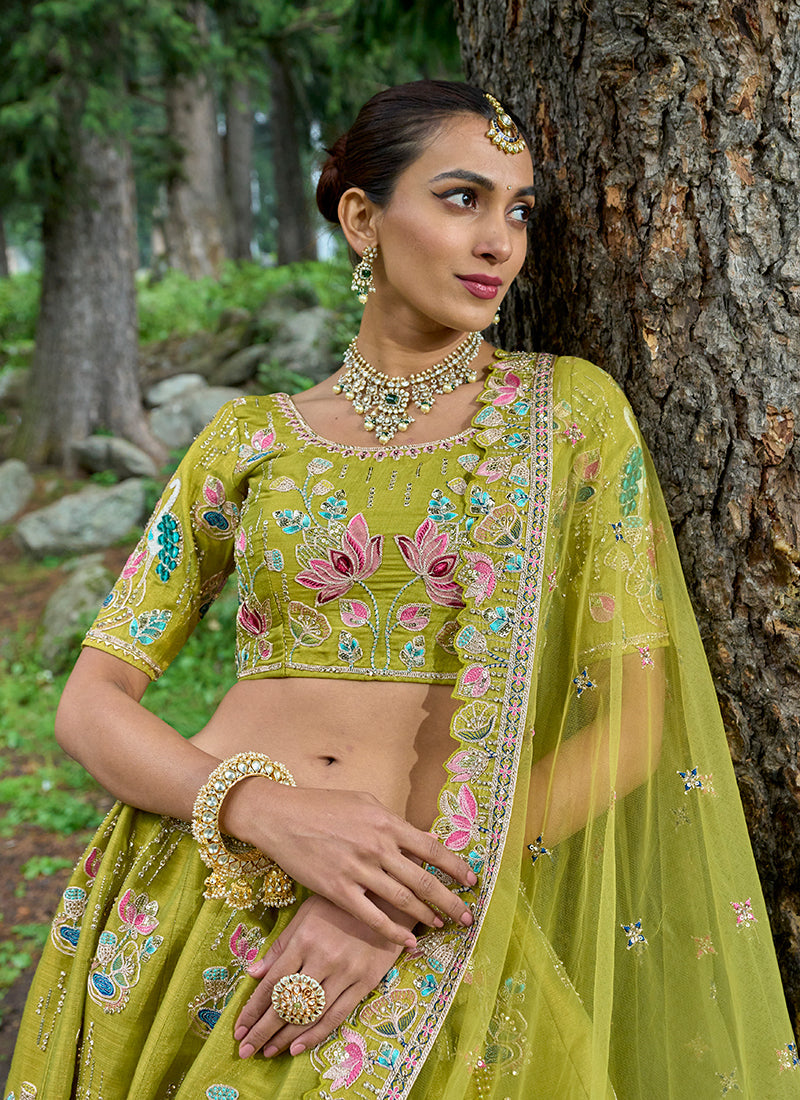 Lime Green Multi Embroidery Wedding Lehenga Choli