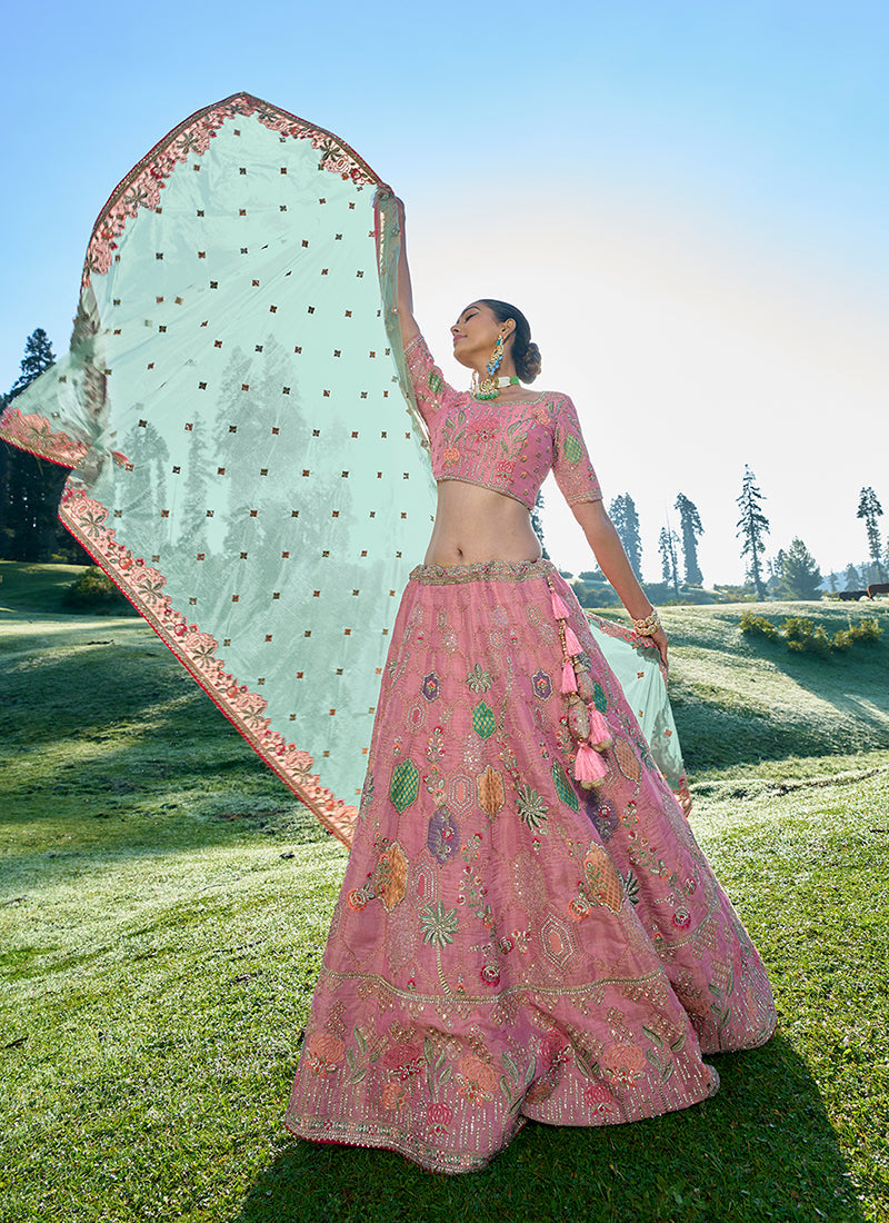 Pink And Blue Multi Embroidery Wedding Lehenga Choli