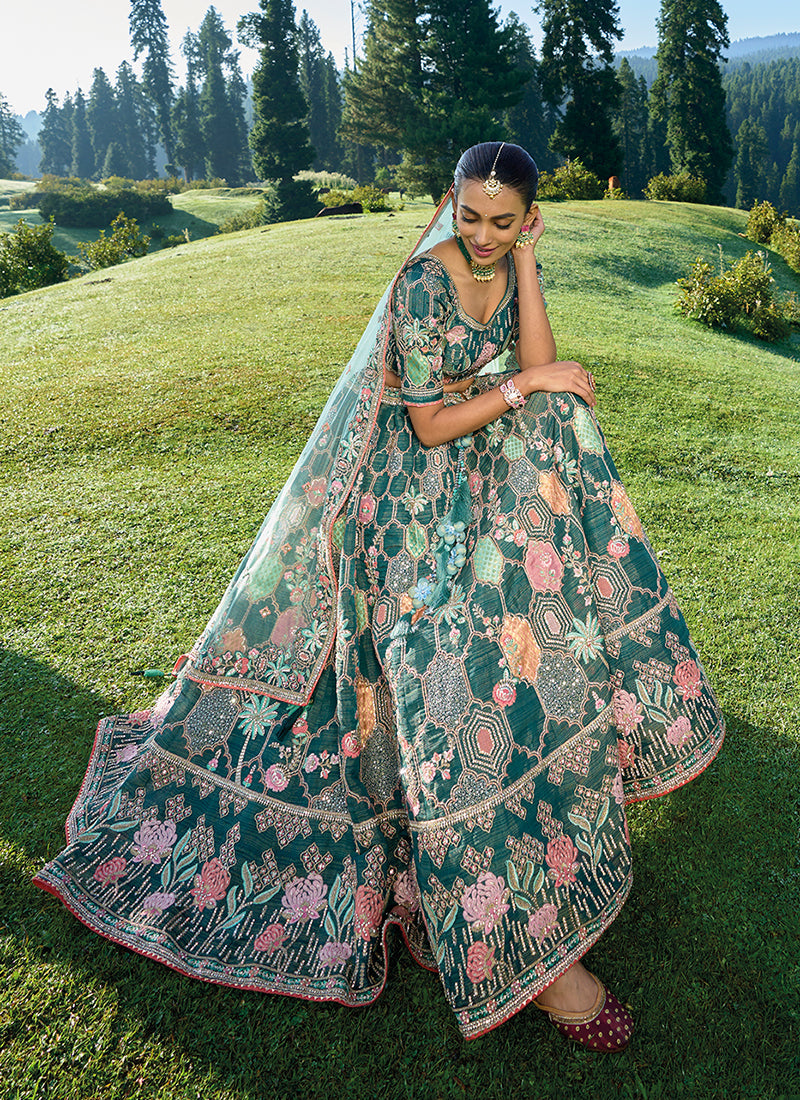 Peacock Green Multi Embroidery Wedding Lehenga Choli