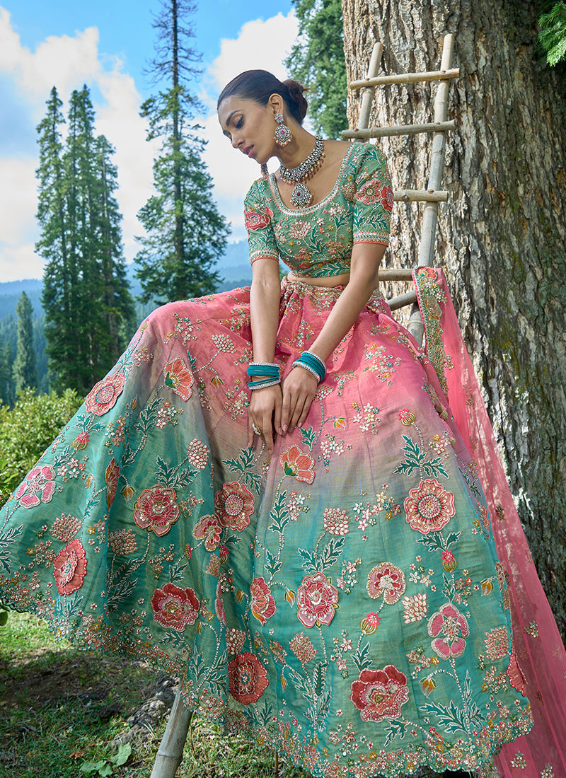 Blue And Pink Multi Embroidery Wedding Lehenga Choli