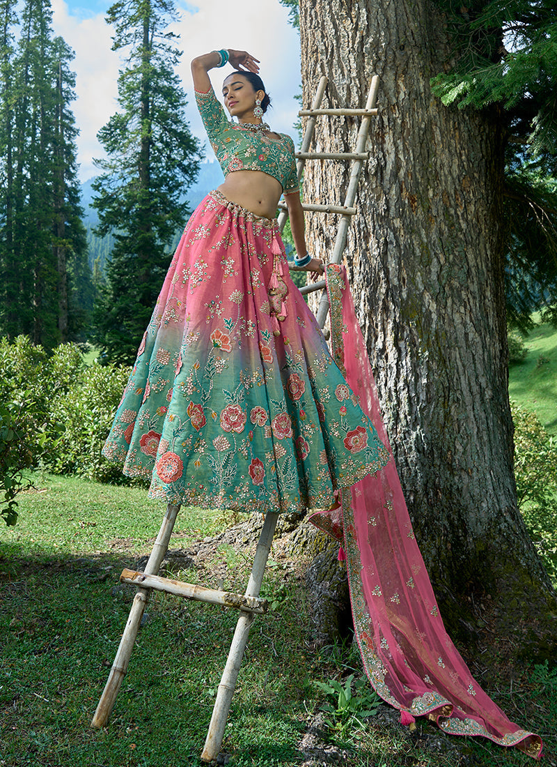 Blue And Pink Multi Embroidery Wedding Lehenga Choli