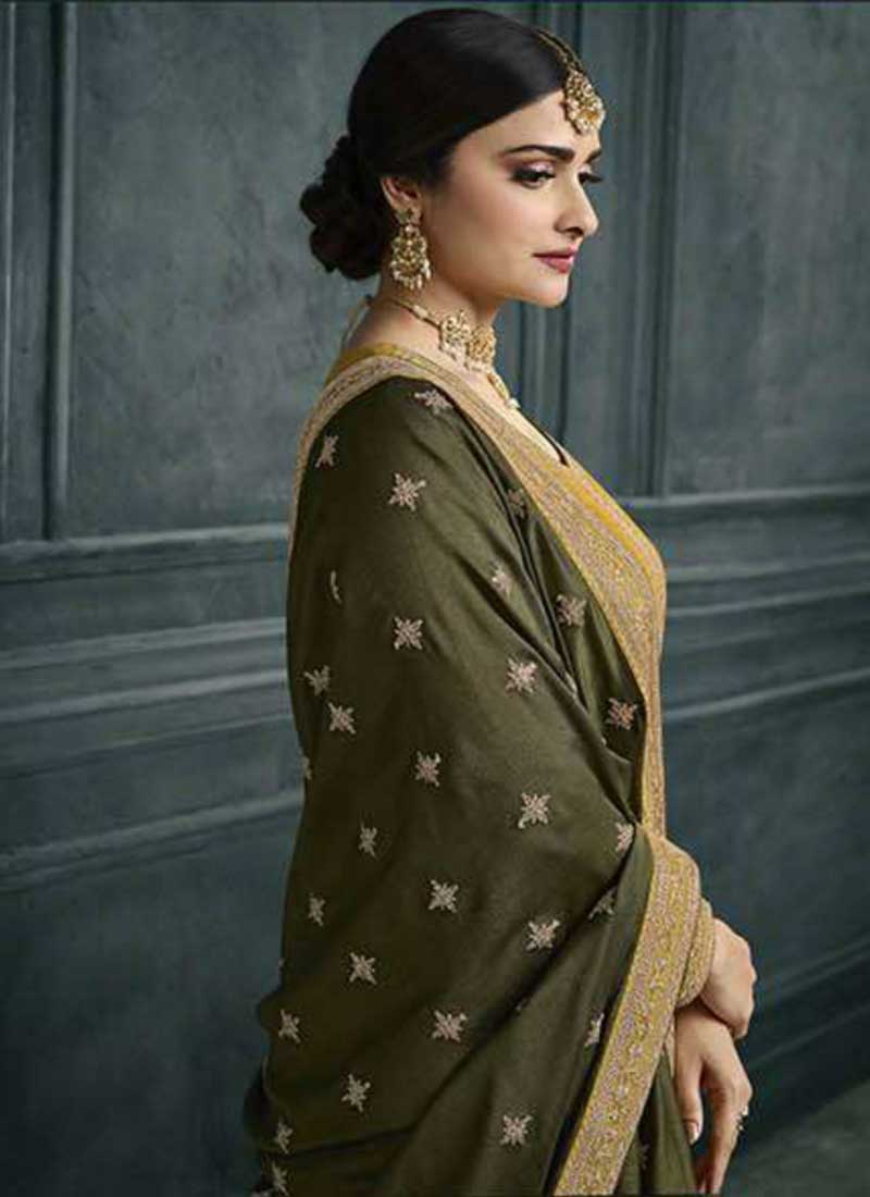 Yellow And Olive Green Embroidery Festive Palazzo Suit