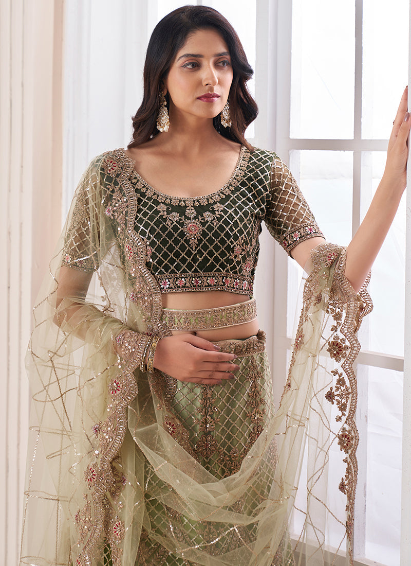 Green Multi Embroidery Wedding Lehenga Choli With Belt