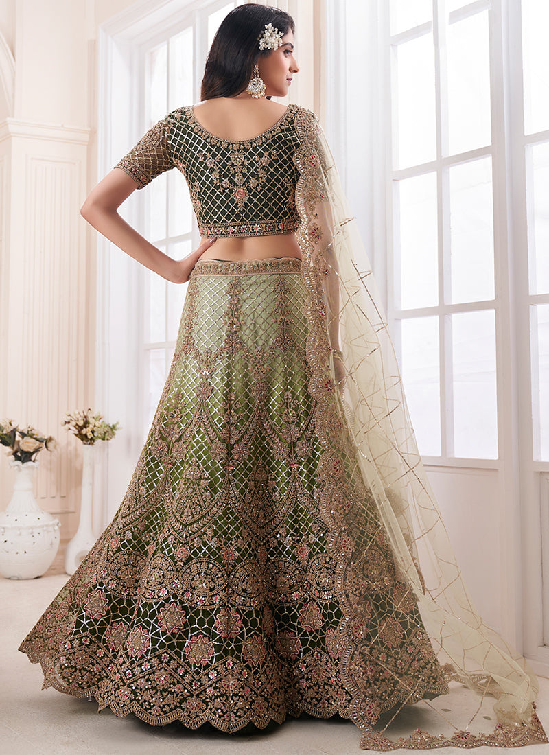 Green Multi Embroidery Wedding Lehenga Choli With Belt