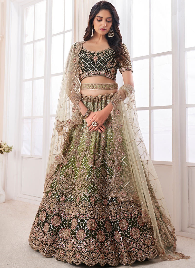 Green Multi Embroidery Wedding Lehenga Choli With Belt