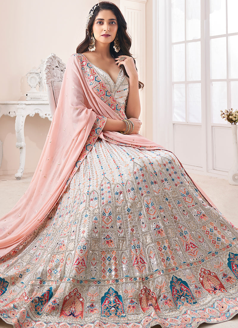 Pearl White Multi Embroidery Wedding Lehenga Choli With Belt