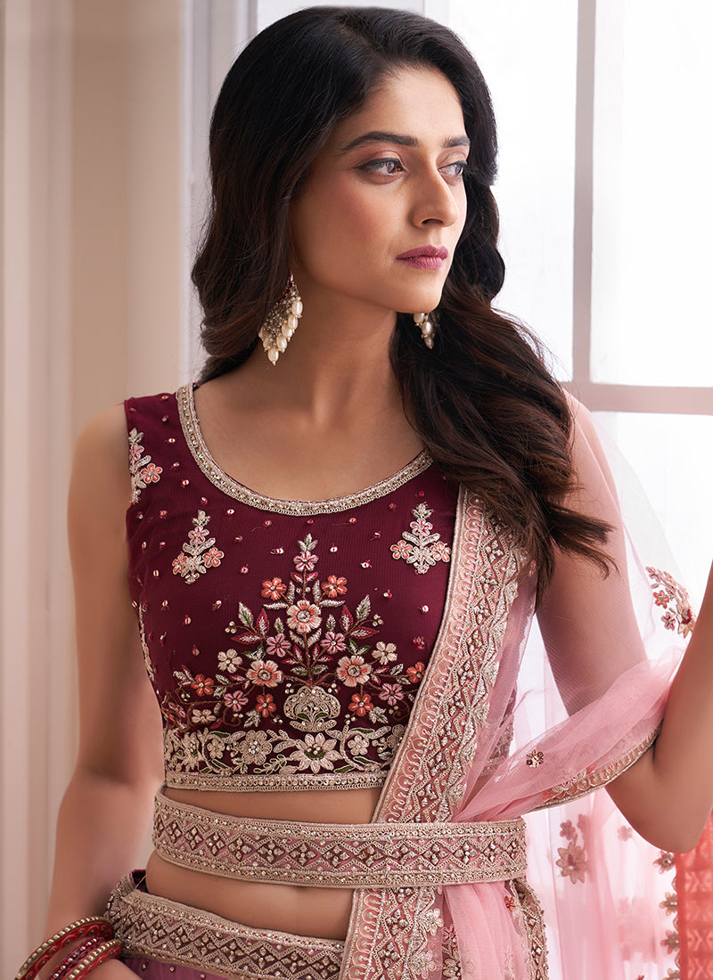 Magenta Ombré Multi Embroidery Wedding Lehenga Choli With Belt