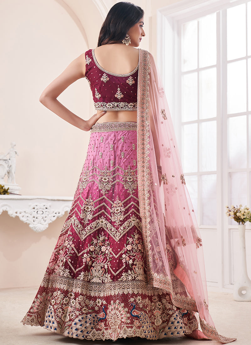 Magenta Ombré Multi Embroidery Wedding Lehenga Choli With Belt