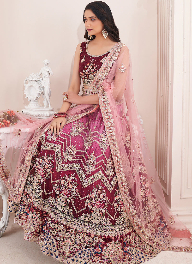 Magenta Ombré Multi Embroidery Wedding Lehenga Choli With Belt