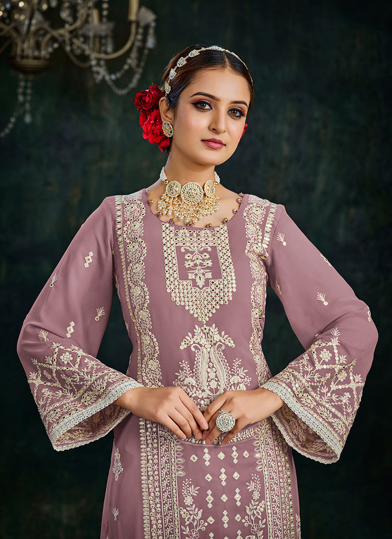 Mauve Purple Embroidery Palazzo Style Suit