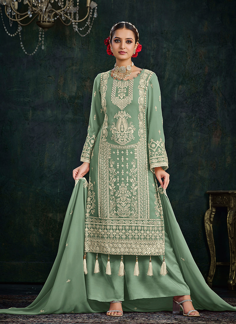 Pista Green Embroidery Palazzo Style Suit