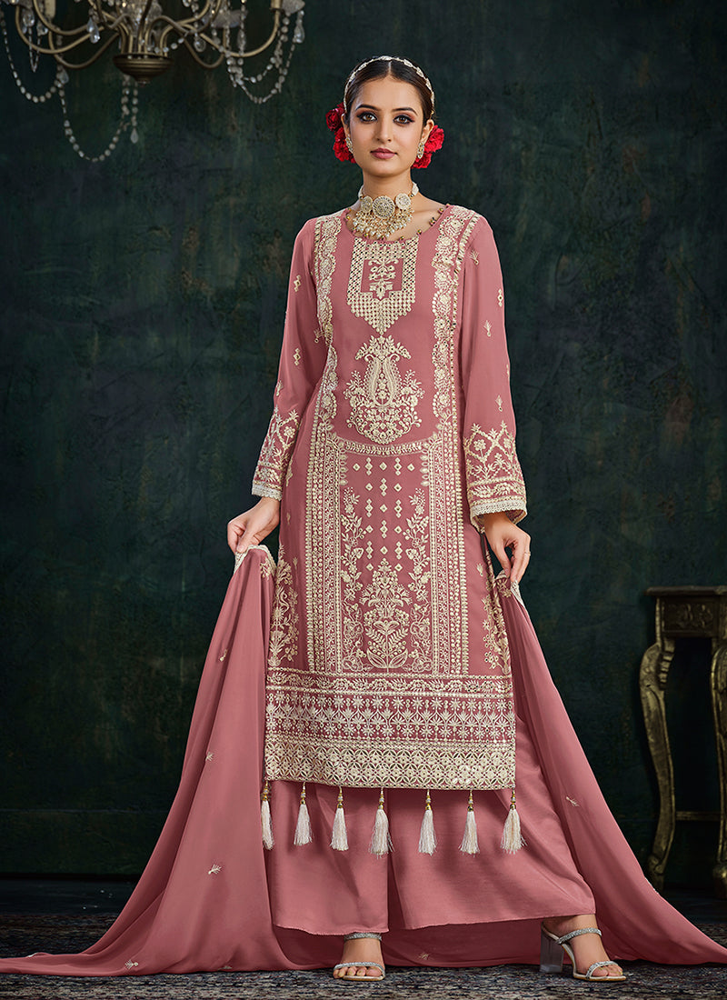 Rose Pink Embroidery Palazzo Style Suit