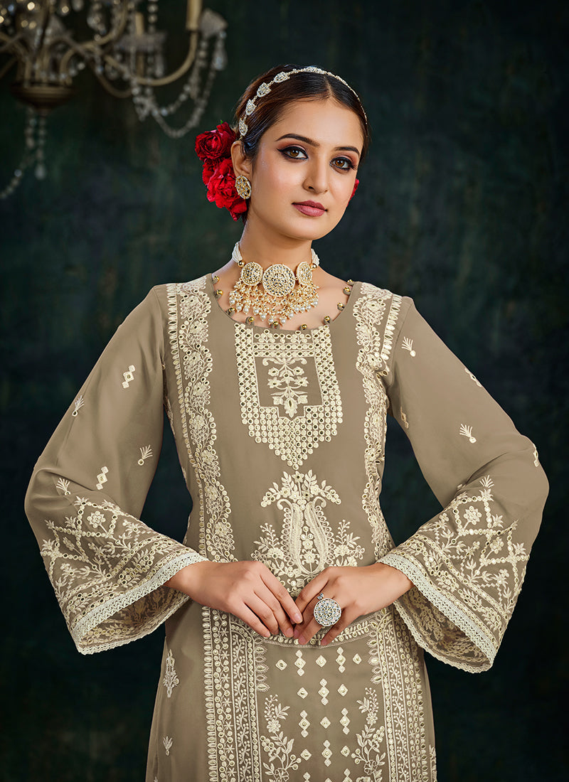 Beige Brown Embroidery Palazzo Style Suit