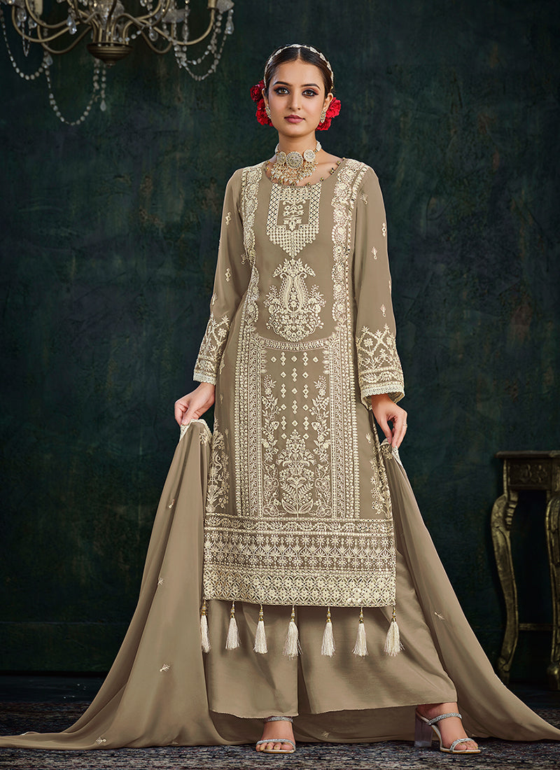 Beige Brown Embroidery Palazzo Style Suit