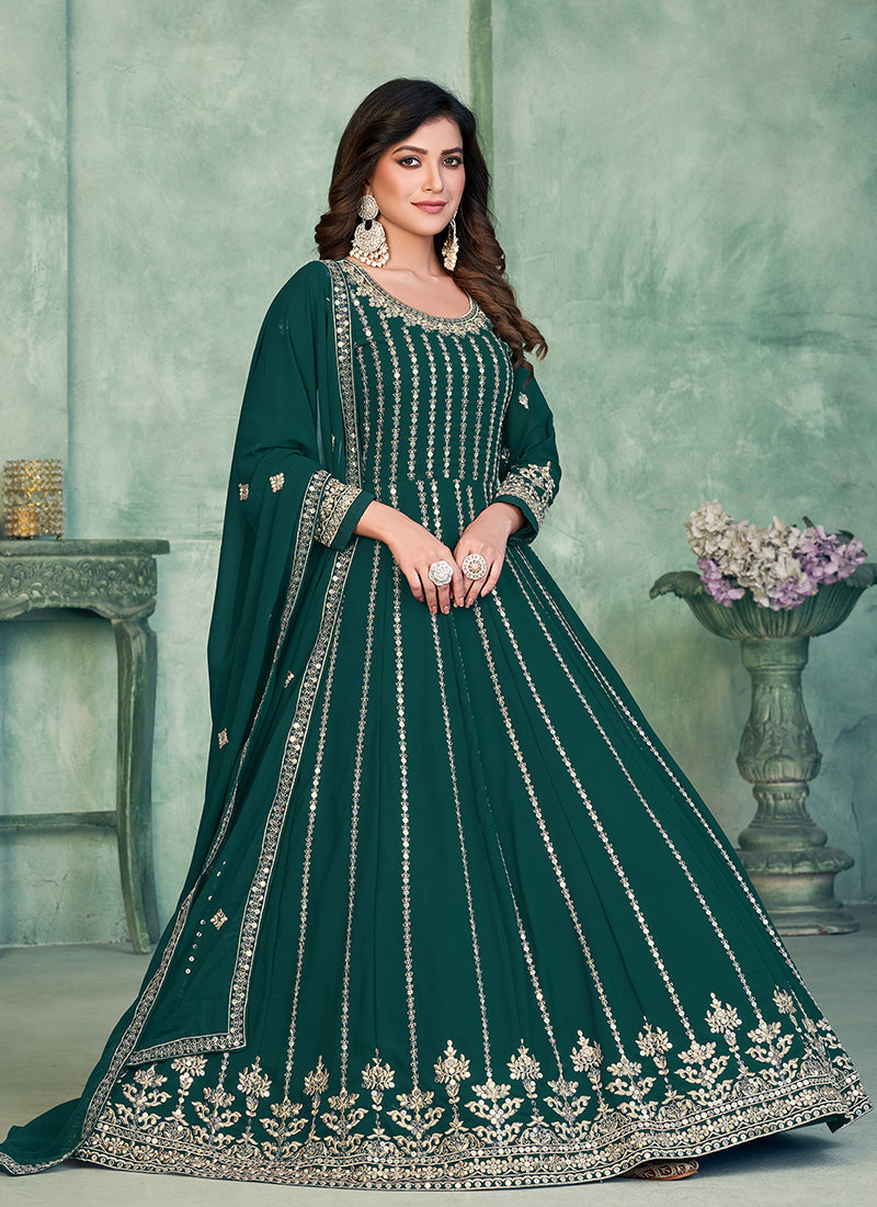 Dark Green Sequence Embroidery Traditional Anarkali Suit