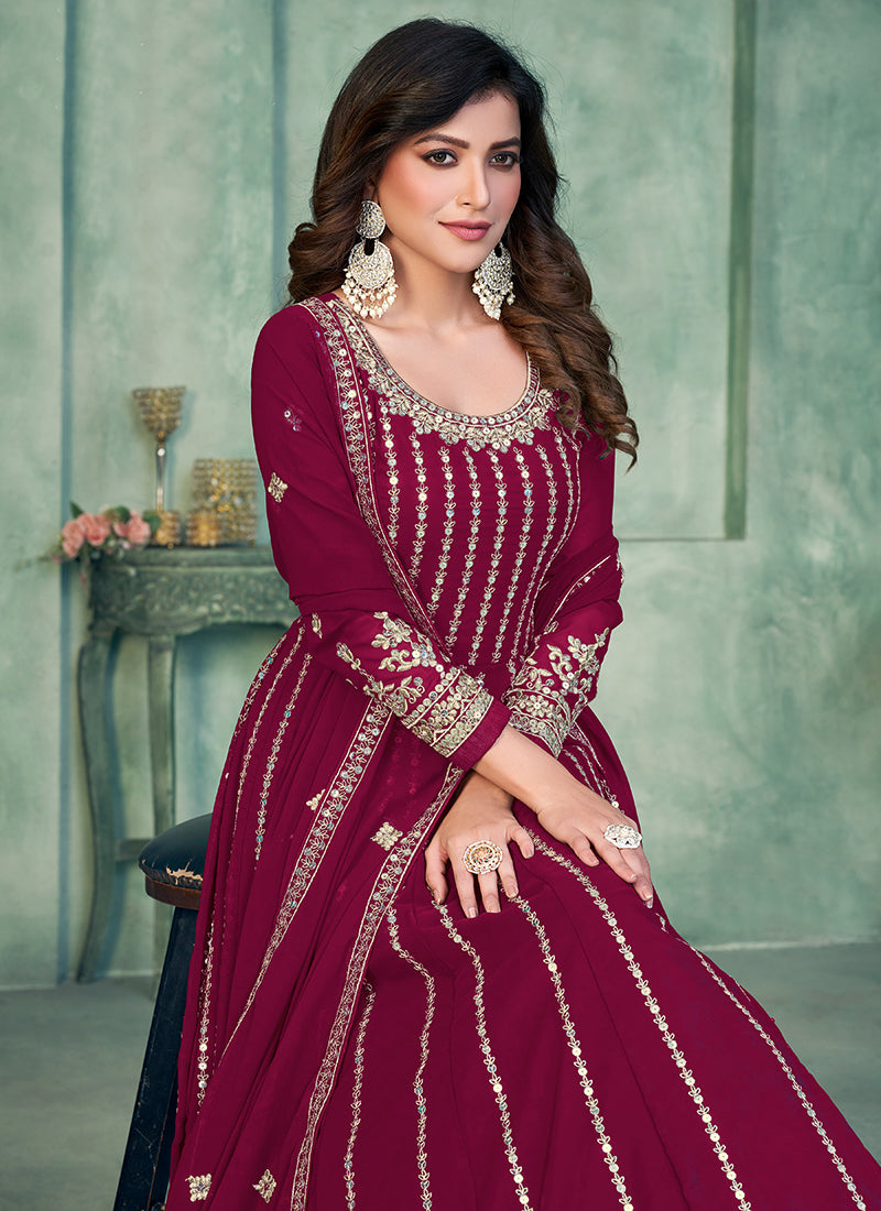 Deep Wine Sequence Embroidery Traditional Anarkali Suit