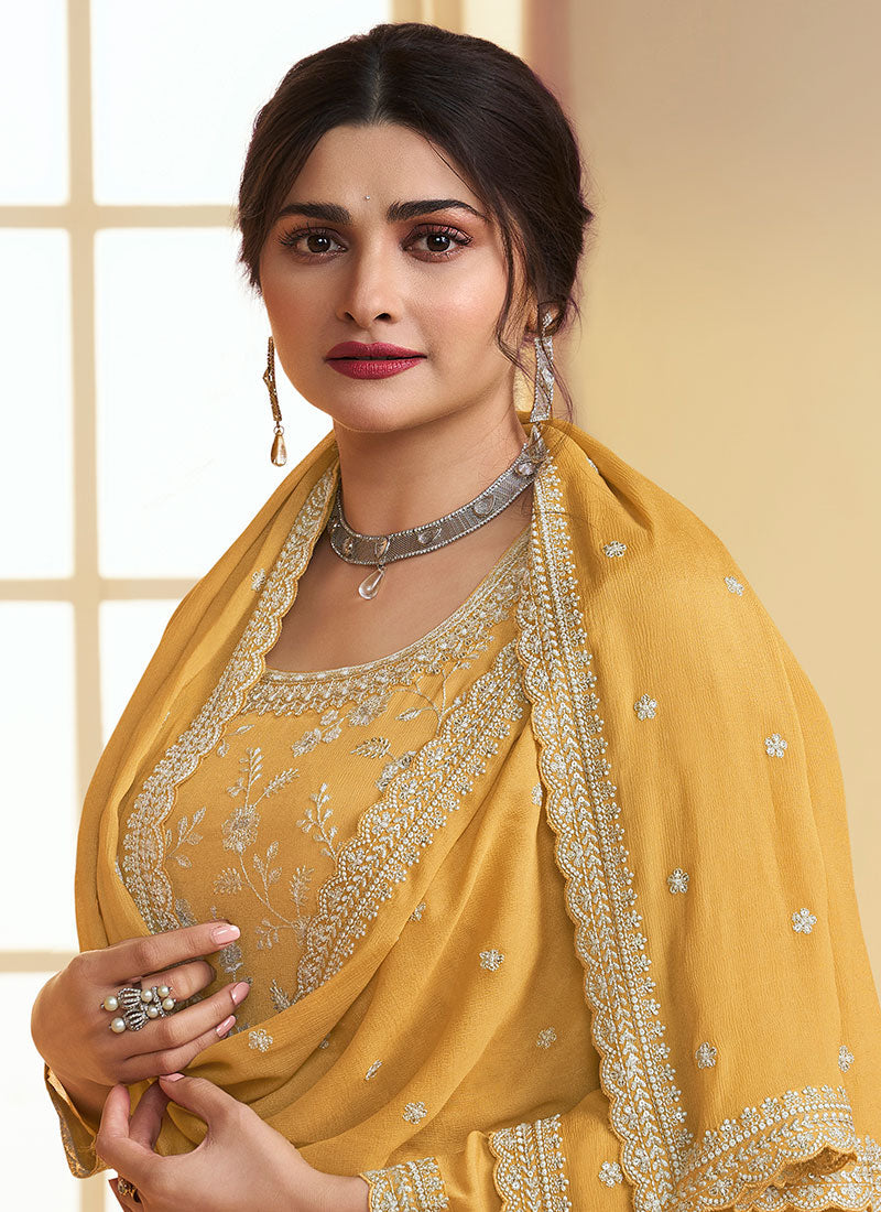 Yellow Sequence And Thread Embroidery Palazzo Suit