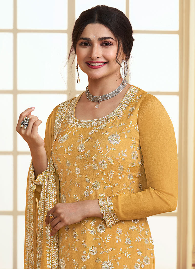 Yellow Sequence And Thread Embroidery Palazzo Suit