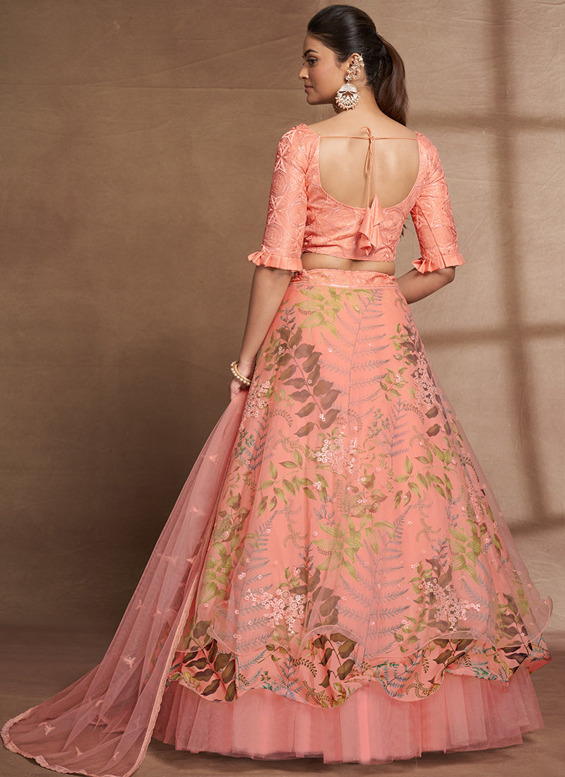 Peach Floral Print And Sequence Embroidery Ruffled Lehenga Choli