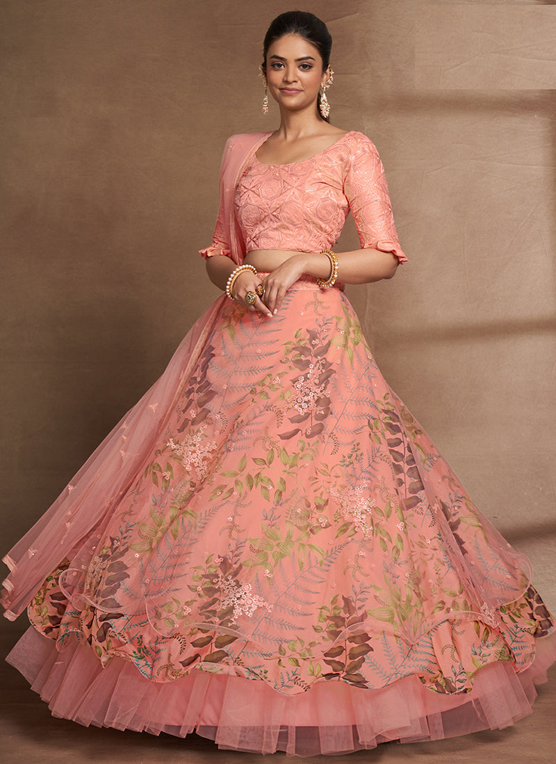 Peach Floral Print And Sequence Embroidery Ruffled Lehenga Choli