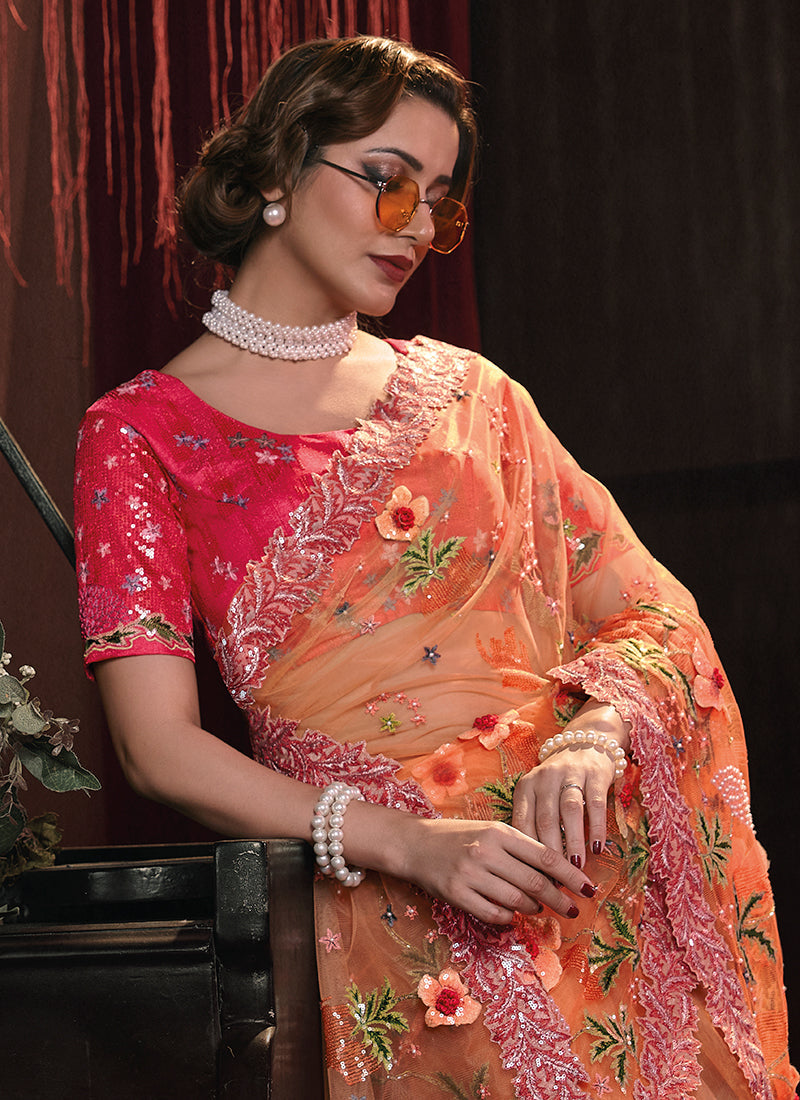 Orange Floral Sequence And Appliqué Embroidery Wedding Saree