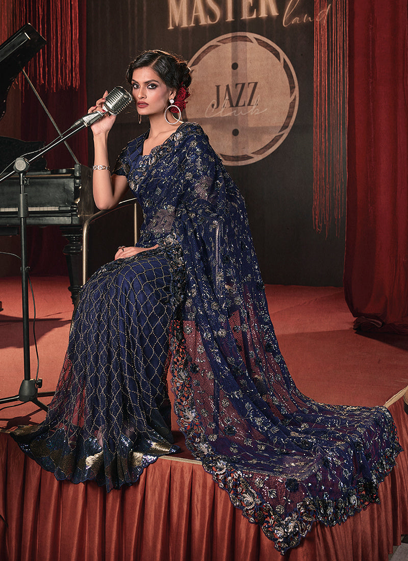 Dark Blue Sequence And Appliqué Embroidery Wedding Saree