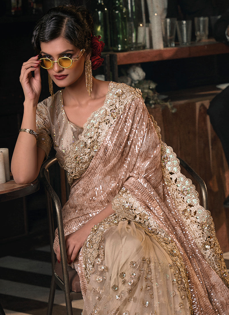 Beige Golden Sequence And Appliqué Embroidery Wedding Saree